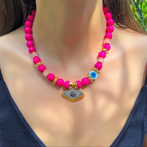 Gemstone Necklace | 22K Gold Plated Pink Agate Stone | Handcrafted Jewelry - Picture 2 of 8